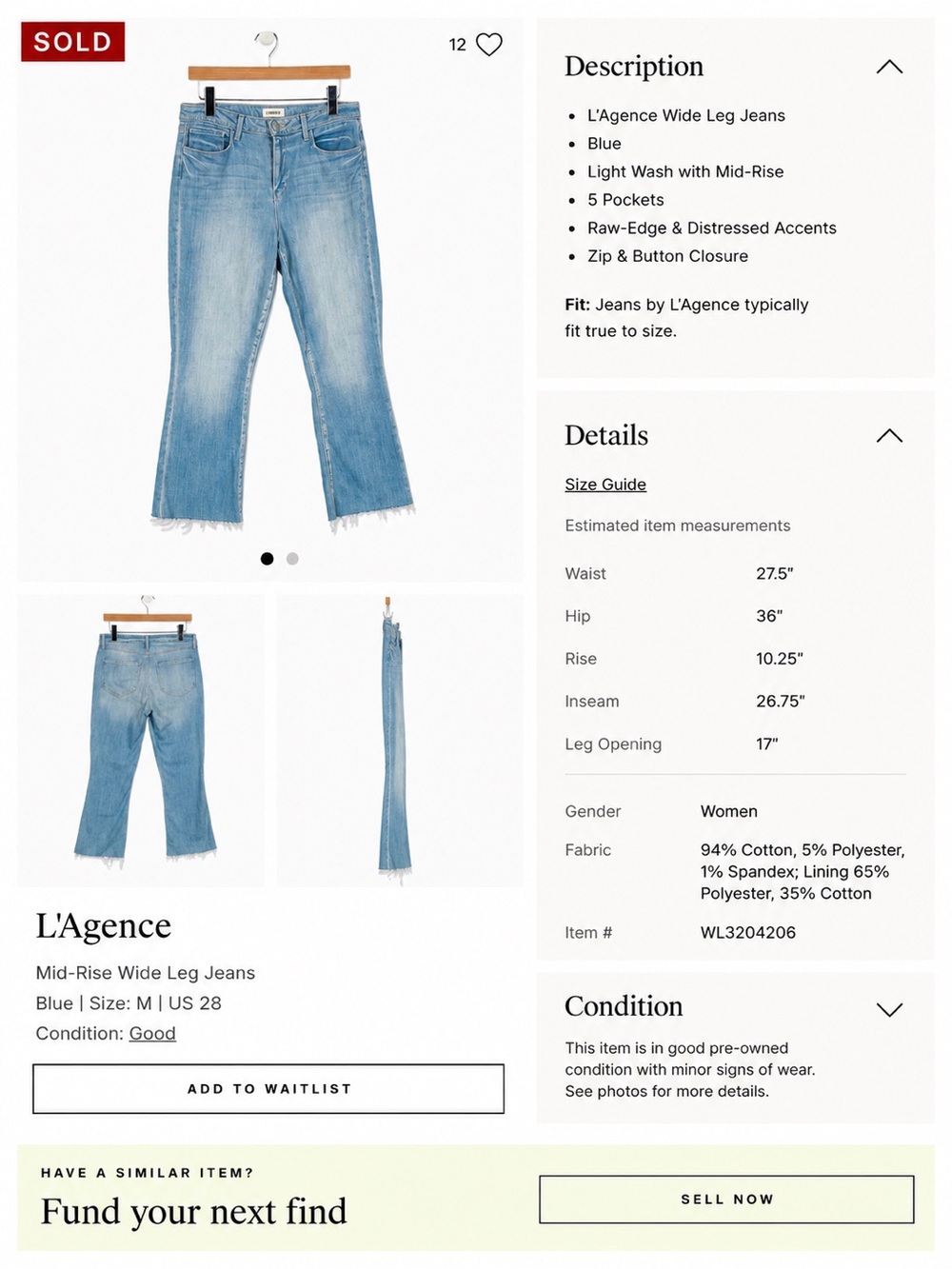 L’Agence Mid-Rise Wide Leg Jeans – Size 28 Raw Hem